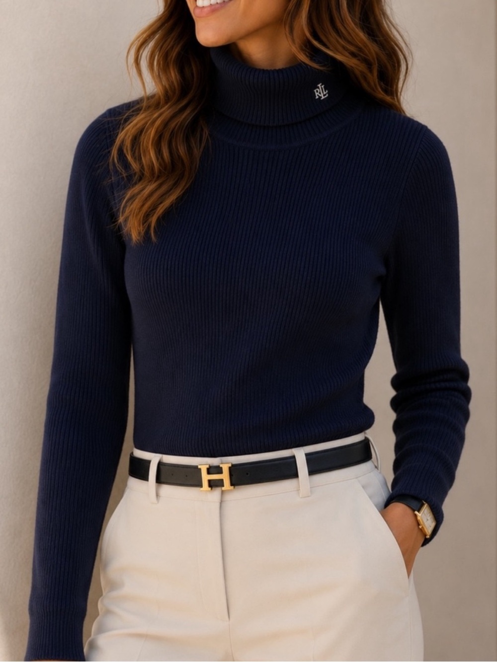 Ralph Lauren Navy Sweater Women’s Size Medium Turtleneck Cotton Luxury Old Money